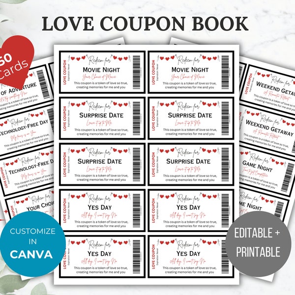 Love Coupon Book Printable Editable Love Coupons Couple Coupons Romantic Gift for him gift for her Birthday gift Anniversary Gift Printable