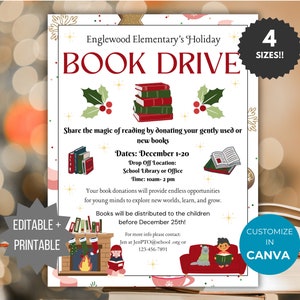 Holiday Book Drive Poster Template PTO Book Drive Flyer Editable Book Donation Flyer School Holiday Fundraiser Flyer printable PTA Flyer
