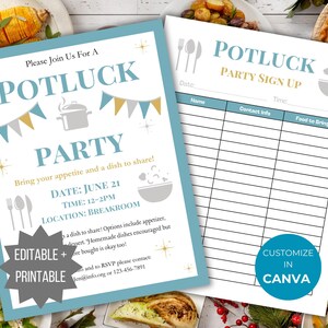 May include: A printable potluck party invitation and sign-up sheet template. The invitation features blue text reading POTLUCK PARTY, a pot icon, and bunting. The sign-up sheet includes columns for name, contact info, and food to bring.