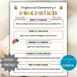 Spring Spirit Week Flyer Printable School Spirit Flyer editable pto template Easter Spirit week itinerary pta flyer school event handout