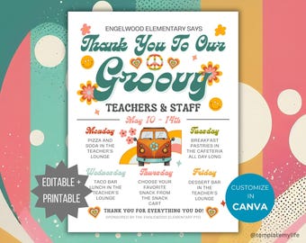 May include: A white flyer titled Engelwood Elementary Says Thank You To Our Groovy Teachers & Staff, featuring a colorful van illustration, a weekly schedule from May 10-14th, and decorative icons like flowers, hearts, and smiley faces.