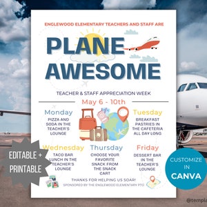 First Class Teacher Appreciation flyer PTA Staff Appreciation week template PTO printable Plane theme teacher appreciation week schedule