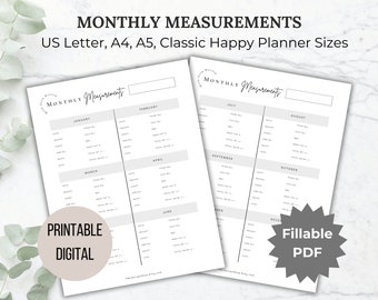 May include: Printable monthly measurement tracker in US Letter, A4, and A5 sizes. The tracker includes a calendar with space to record weight, body fat, and other measurements. The tracker is also fillable, making it easy to track progress.