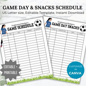 Soccer game schedule template and Soccer snack sign up bundle team mom game day snack sheet printable sports game coach schedule handout