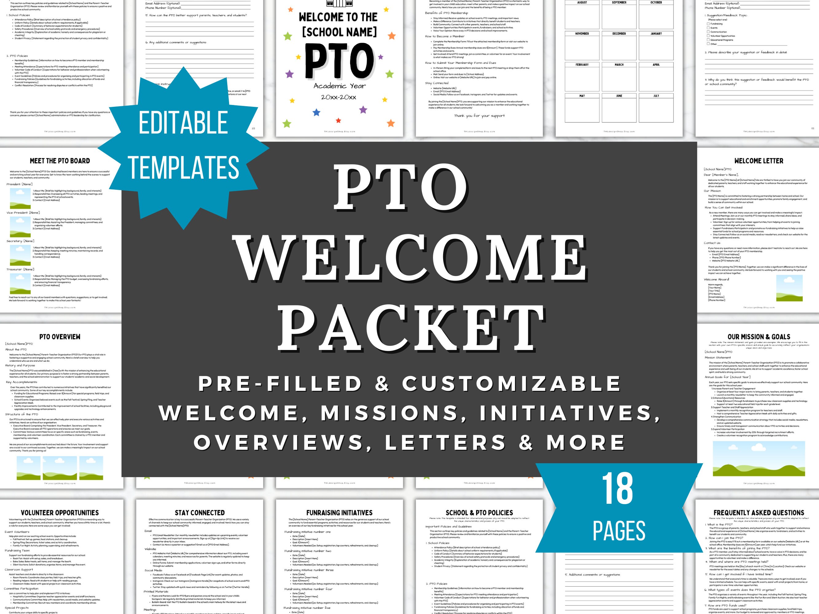 Plantilla del paquete de bienvenida de la PTA Paquete de hojas de carpeta para nuevos miembros del PTO Formularios de la PTA Carta de información de membresía del PTA Reclutamiento voluntario del PTA