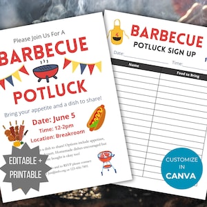May include: Two white paper sheets featuring a Barbecue Potluck invitation and a sign-up sheet. The invitation includes red text, colorful bunting, a grill, and a hot dog graphic. The sign-up sheet has columns for name and food to bring.