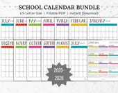 School Year Calendar Printable 2025-2026 Bundle Portrait Monthly Calendar Year at a Glance Academic Calendar Editable Yearly School Calendar