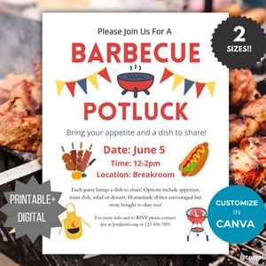 BBQ Potluck Flyer template Summer Barbecue Potluck invitation flyer neighborhood party invitation community summer party barbecue invite