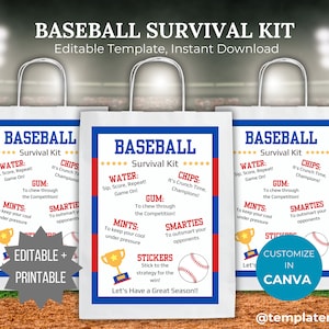 Baseball Player Survival Kit bearbeitbare Vorlage Baseball-Team Geschenk zum Ausdrucken Baseball Party Gunst Geschenkidee Baseball Geburtstagsgeschenk Tasche Geschenk