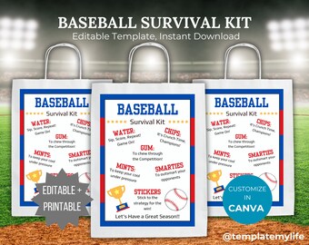 Baseball Player Survival Kit Editable Template Baseball team gift printable Baseball party favor gift idea Baseball birthday favor bag gift