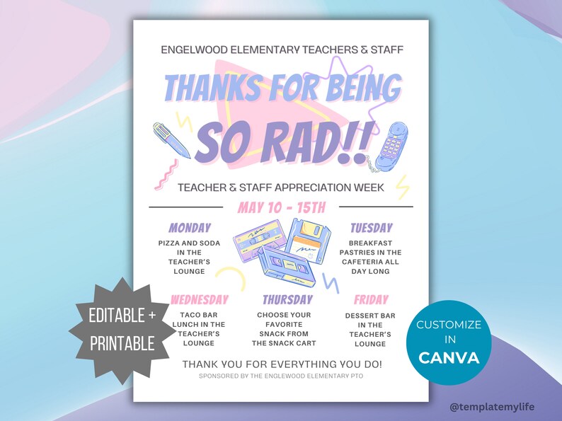 Teacher and Staff Appreciation Week Invite PTO Template 90s Theme ...