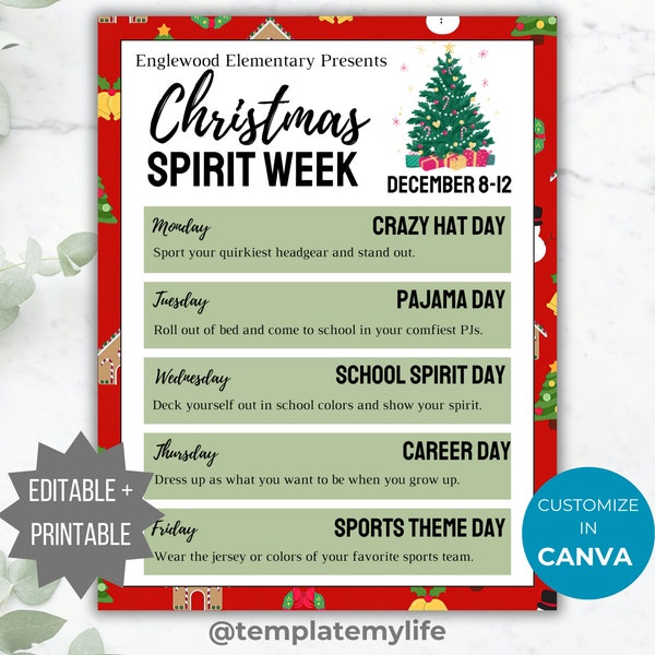 Christmas Spirit Week Template Etsy Christmas Spirit Week Template Etsy