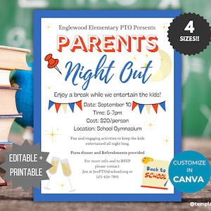 Back to School Parents Night Out flyer template PTO school fundraiser PTA flyer invitation date night flyer Fall community event recreation