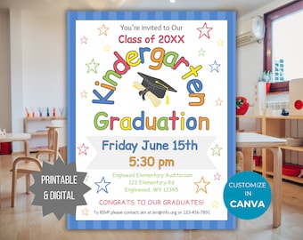 Editable Kindergarten Graduation invitation printable elementary school graduation announcement template class graduation ceremony flyer
