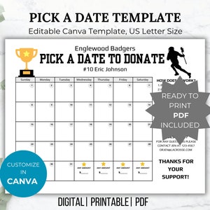 Lacrosse Pick a Date to Donate Template Lacrosse fundraiser calendar editable pay the date flyer Lacrosse team sponsor donation flyer