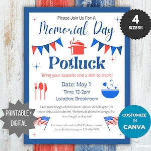 Patriotic Potluck Flyer template Potluck invitation flyer neighborhood party invitation Memorial Day party flyer community luncheon invite