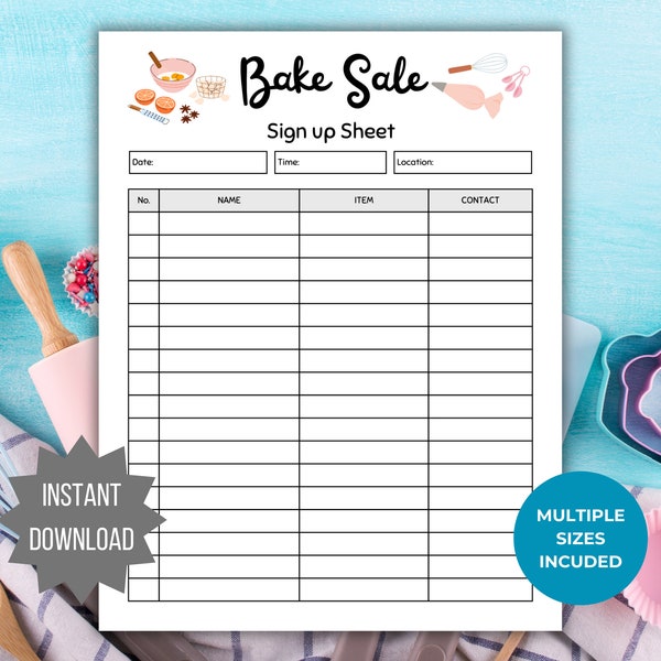 Bake Sale sign up sheet printable School Dessert Sign up List Church Bake Sale Sports Team Bake Sale fundraiser sheet School Club bake sale