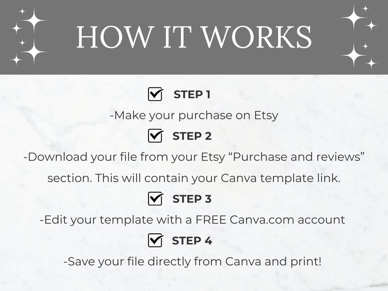 May include: A white background with a gray banner at the top that says "HOW IT WORKS".  Below the banner are four steps to download and edit a Canva template.  Each step is marked with a checkmark and the word "STEP" followed by a number.  The steps are: 1. Make your purchase on Etsy. 2. Download your file from your Etsy "Purchase and reviews" section. This will contain your Canva template link. 3. Edit your template with a FREE Canva.com account. 4. Save your file directly from Canva and print!