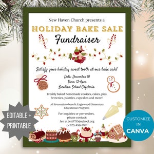 Holiday Bake Sale Christmas Fundraiser Flyer Invite Template Holiday Charity event Editable Winter Community event Christmas Church Flyer