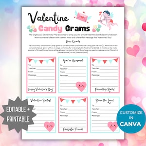 Valentine Candy Gram Flyer PTO-sjabloon Valentijnsdag Candy Gram afdrukbare bewerkbare school fundraiser Flyer Winter School evenement PTA-flyer