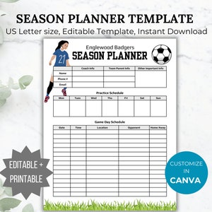 Soccer season planner template Soccer game schedule printable Soccer coach practice schedule editable Soccer mom planner game day organizer