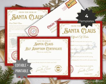 Könnte beinhalten: Vier druckbare Weihnachtsvorlagen mit goldenem Text auf weißem Papier und roten Rändern. Enthält einen Brief vom Weihnachtsmann, einen Umschlag, eine Elfen-Adoptionsurkunde und offizielle Elfenregeln, verziert mit festlichen Stempeln.