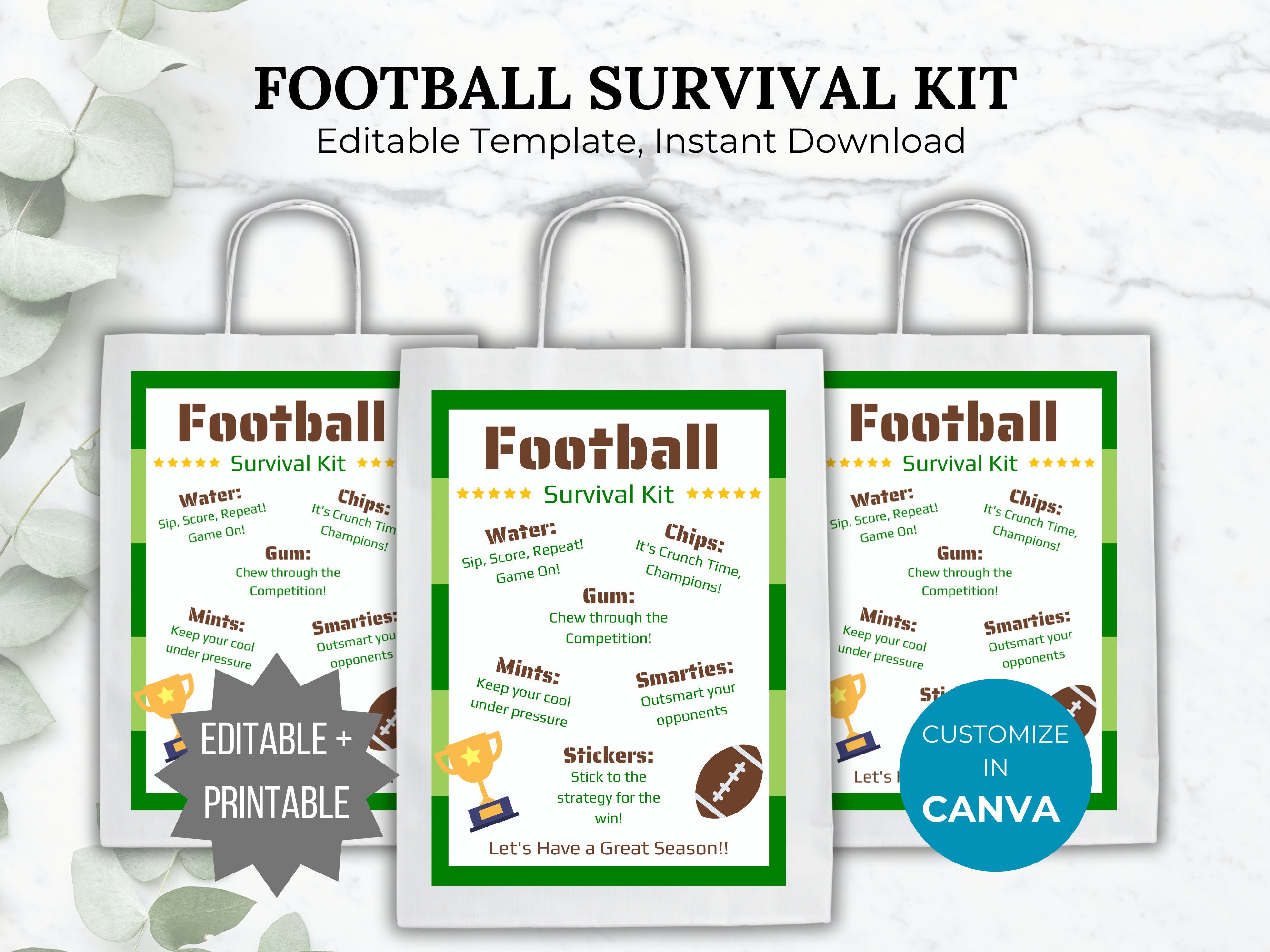 Football Survival Kit Editable Template Football Team Gift Printable ...