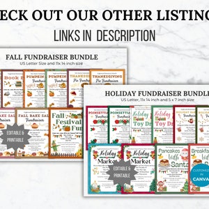 May include: A set of printable flyers for fall and holiday fundraisers. The flyers feature various themes, including book sales, pumpkin sales, pie sales, Thanksgiving, Christmas, and more. The flyers are editable and customizable in Canva.