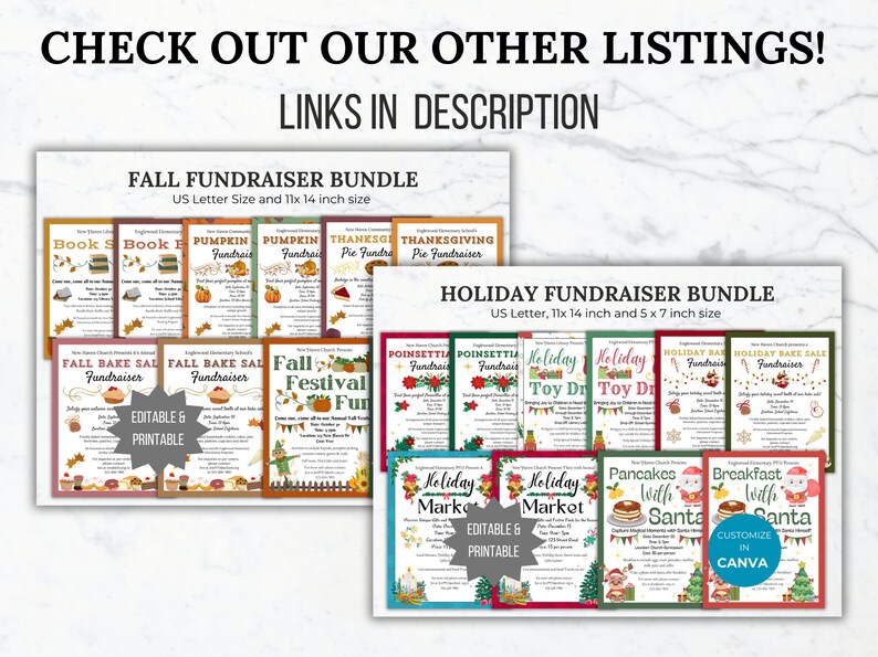 May include: A set of printable flyers for fall and holiday fundraisers. The flyers feature various themes, including book sales, pumpkin sales, pie sales, Thanksgiving, Christmas, and more. The flyers are editable and customizable in Canva.