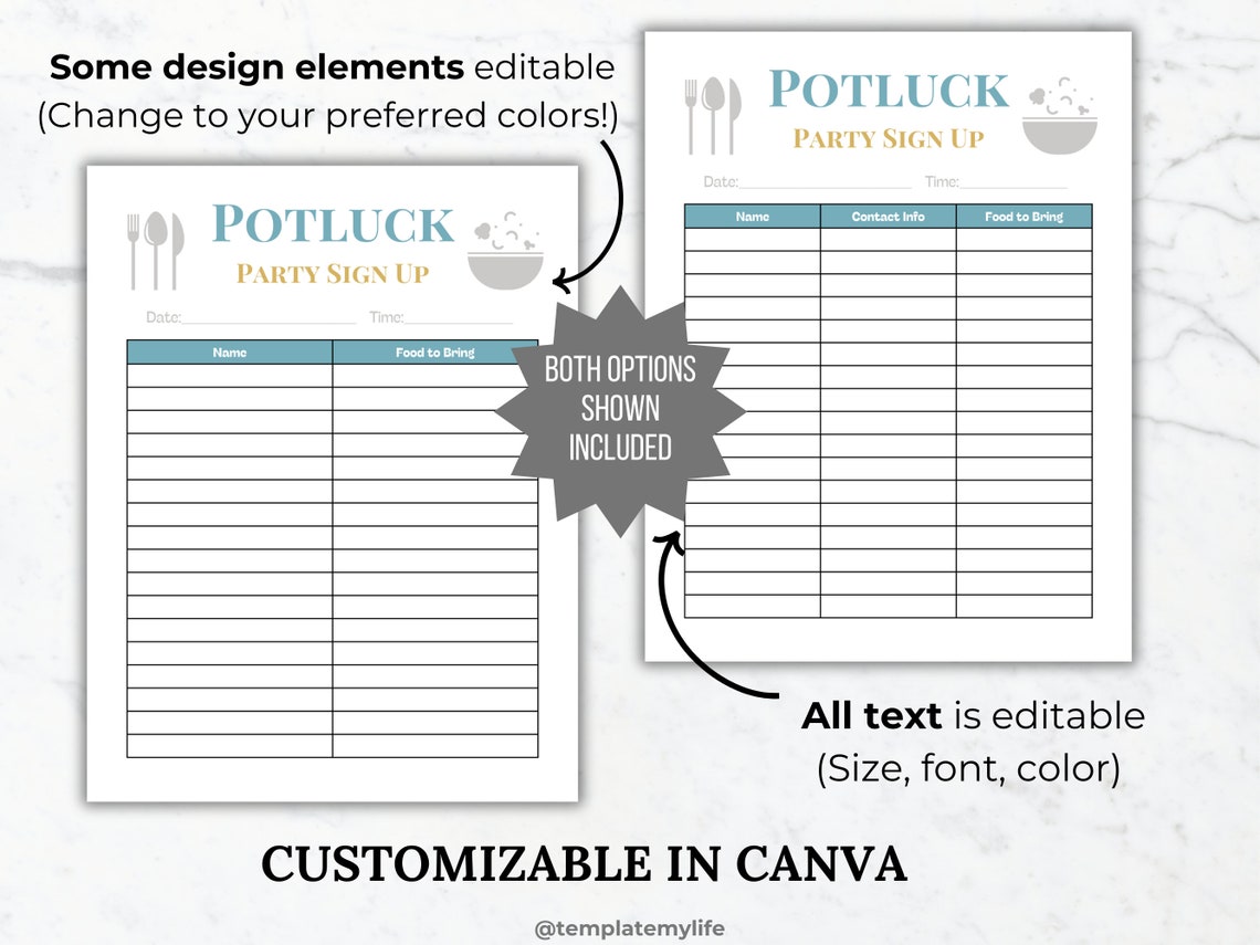 Potluck Sign up Sheet Flyer Template Editable Potluck Sign-up Form ...