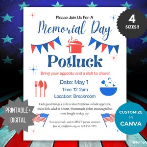 May include: Printable Memorial Day potluck invitation with red, white, and blue stars and bunting. The invitation includes the date, time, location, and instructions for guests to bring a dish to share. The text reads "Please Join Us For A Memorial Day Potluck Bring your appetite and a dish to share! Date: May 1 Time: 12-2pm Location: Breakroom Each guest brings a dish to share! Options include appetizer, main dish, salad or dessert. Homemade dishes encouraged but store bought is okay too! For more info and to RSVP please contact: Jen at Jen@info.org or 123-456-7891 4 SIZES!! CUSTOMIZE IN CANVA @templatemylife"