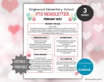 May include: A digital newsletter template for Englewood Elementary School PTO, dated February 20XX. The document features sections for President's Message, Fundraising Events, Upcoming Events, School Highlights, and Stay Connected, decorated with pastel heart icons.