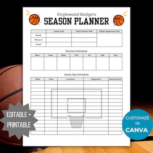 Sjabloon basketbalseizoenplanner Afdrukbaar wedstrijdschema basketbalteam Basketbalcoach oefenschema bewerkbare organisator wedstrijddag