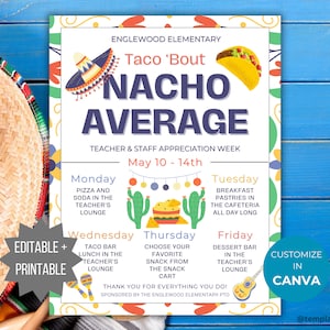 Nacho Average Teacher and Staff Appreciation Week Flyer Template Taco Bout School Staff Appreciation schedule teacher appreciation itinerary