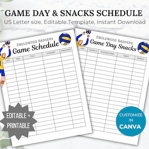 Volleyball game schedule template and volleyball snack sign up bundle team mom game day snack sheet printable sports game coach schedule
