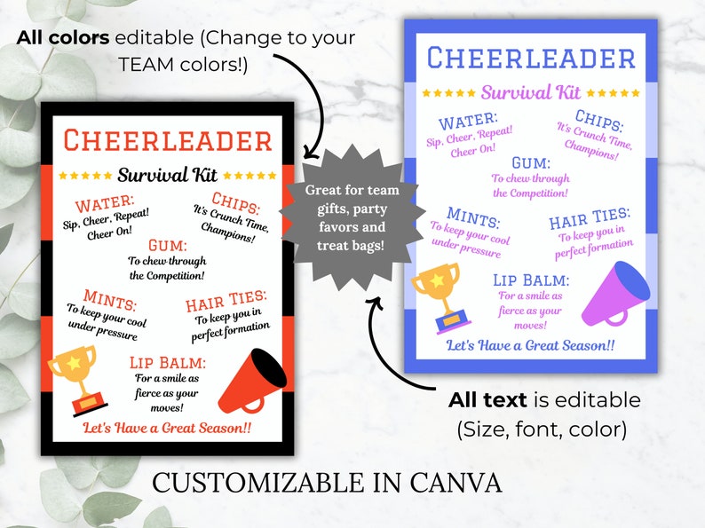 Cheerleader Survival Kit Editable Template Cheer Team Gift Printable ...