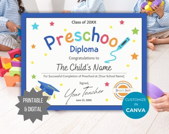 Preschool diploma editable graduation certificate template elementary school graduation printable sign Preschool completion certificate