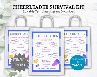 Cheerleader Survival Kit bewerkbare sjabloon Cheer team cadeau afdrukbare Cheer partij gunst Cheerleader traktatie tas Cheer competitie team cadeau