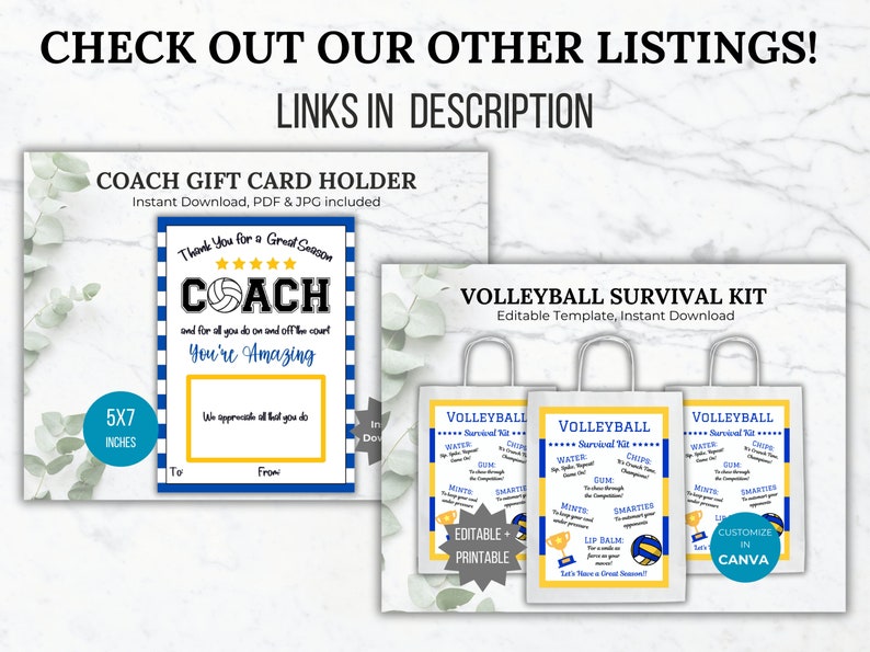 May include: A printable volleyball survival kit with a blue and yellow color scheme. The kit includes a list of items such as water, gum, mints, and lip balm. The kit is designed to be a fun and practical gift for volleyball coaches or players. The kit is also available as a printable gift card holder with a blue and yellow striped background and the text "Thank You for a Great Season Coach".