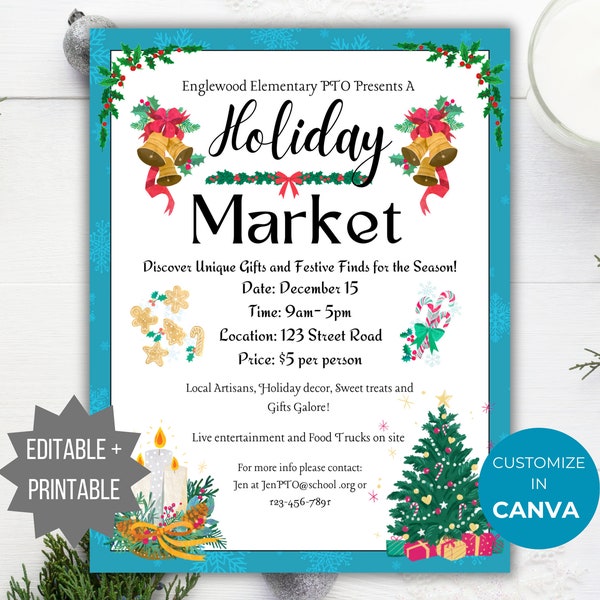 Holiday Market Christmas Fundraiser Flyer PTO Template Holiday Fundraising invite Editable Holiday School event Flyer Winter PTA printable