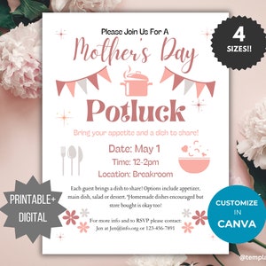 May include: A printable Mother's Day potluck invitation with pink and gray accents. The invitation features a pot with steam coming out of it, a fork, knife, and spoon, and a bowl with a spoon. The text on the invitation reads "Please Join Us For A Mother's Day Potluck", "Bring your appetite and a dish to share!", "Date: May 1", "Time: 12-2pm", "Location: Breakroom", "Each guest brings a dish to share! Options include appetizer, main dish, salad or dessert. Homemade dishes encouraged but store bought is okay too!", "For more info and to RSVP please contact: Jen at Jen@info.org or 123-456-7891", "Printable + Digital", "Customize in Canva", "4 Sizes!!", and "@templatemylife".