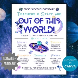 Outer Space Lehrer Wertschätzung Woche Flyer PTA PTO Vorlage Personal Wertschätzung Woche aus dieser Welt Thema Woche von Ereignissen Reiseplan einladen