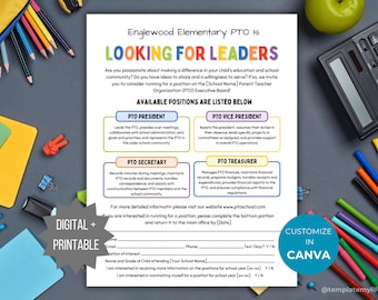 May include: A white flyer titled Englewood Elementary PTO Is LOOKING FOR LEADERS with sections for President, Vice President, Secretary, and Treasurer. The document includes a sign-up form, digital and printable labels, and Canva branding.