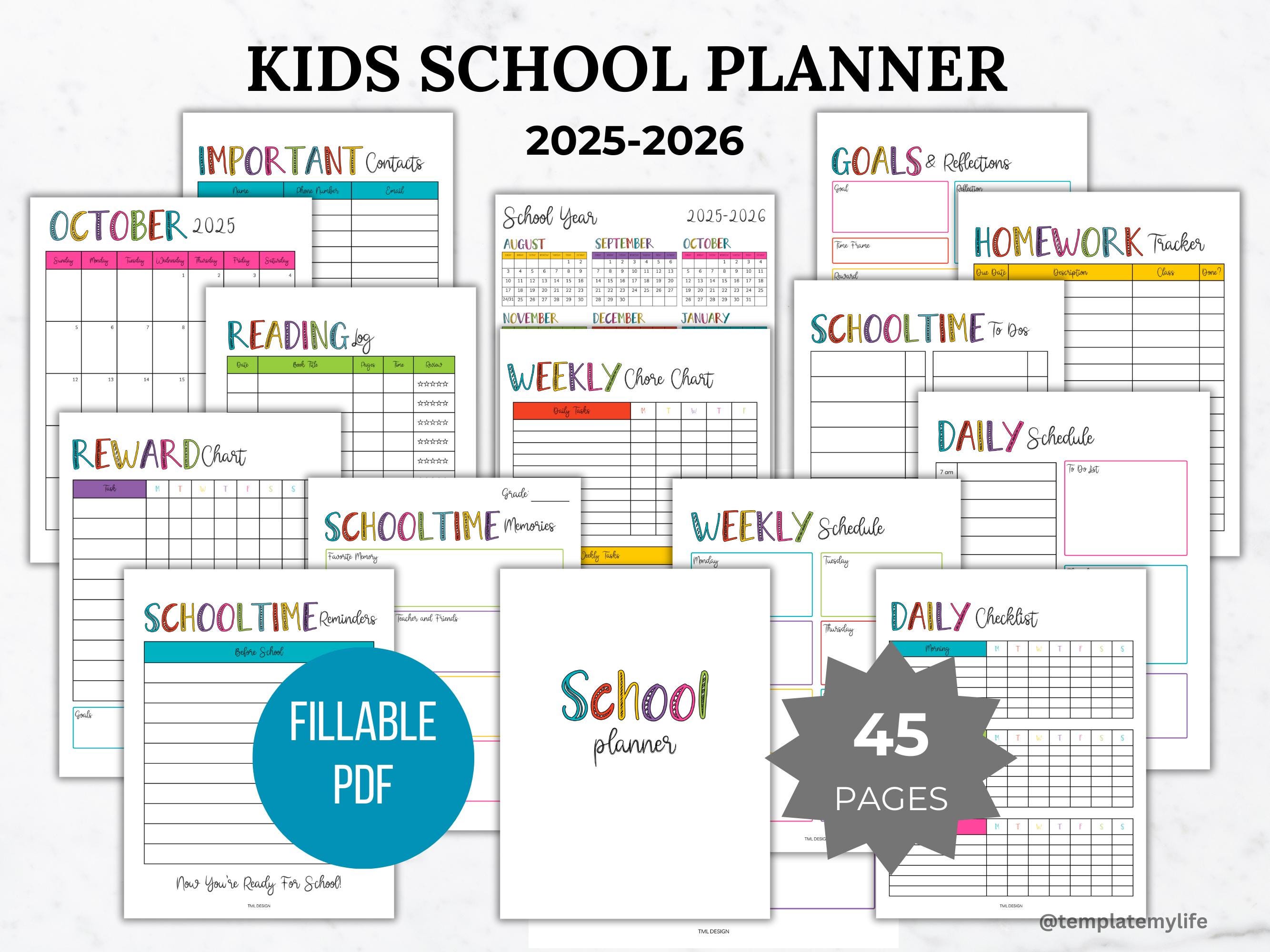 Kinderschulplaner druckbarer Schulanfangkalender 2025-2026 Kinder ADHD Planer Chore Checkliste Täglicher Wochenplan Vorher nach der Schule