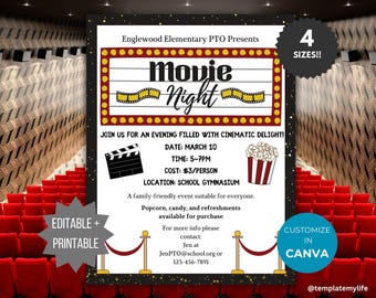 Op de afbeelding: Een witte flyer met zwarte tekst en een rode marquee-rand met de tekst Movie Night. Het bevat een filmstrip, een zwarte filmklapper en een rood-wit gestreepte popcornemmer. Details bevatten datum, tijd, kosten, locatie en contactgegevens.