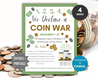 Coin War Fundraiser Flyer Template Coin War invite Editable School Coin War Fundraising PTA Flyer School donation game poster penny drive