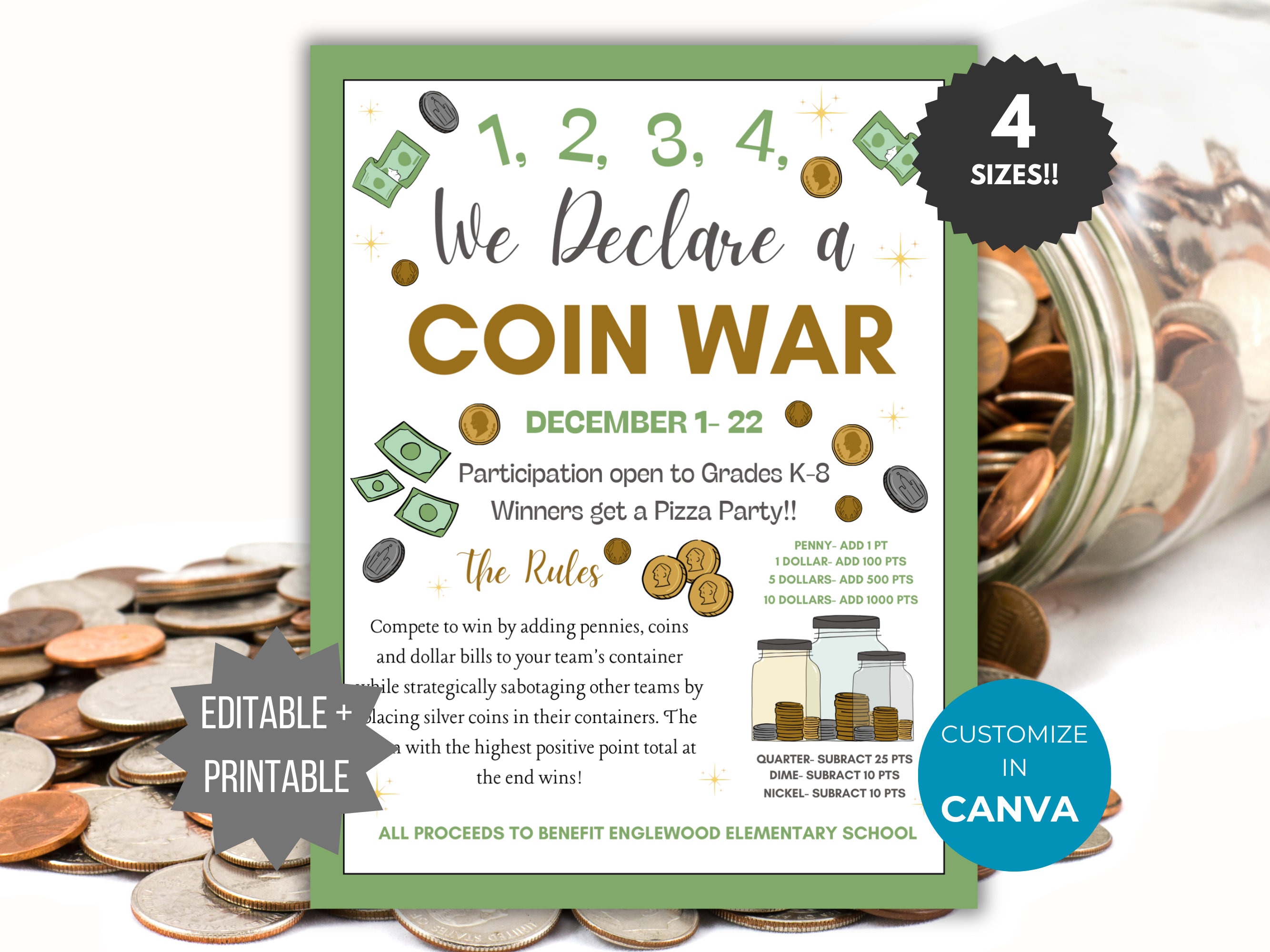 Coin War Fundraiser Flyer Template Coin War Invite Editable School Coin ...