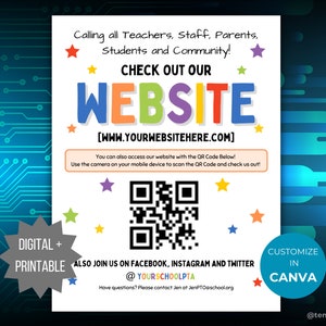Könnte beinhalten: Ein weißer, druckbarer Flyer mit einer bunten Website-Grafik und einem QR-Code. Der Flyer lautet "Besuchen Sie unsere Website [www.yourwebsitehere.com]" und enthält Informationen darüber, wie Sie uns in den sozialen Medien folgen können. Der Flyer ist in Canva anpassbar.