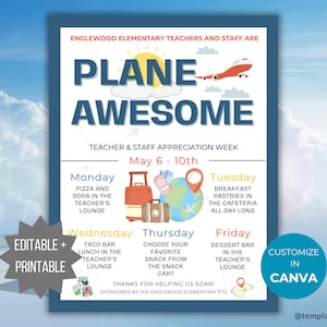Plane Awesome Teacher Appreciation Week flyer PTO Staff Appreciation template PTA printable Travel theme teacher appreciation schedule flyer