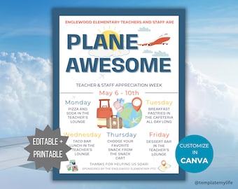 Plane Awesome Teacher Appreciation Week flyer PTO Staff Appreciation template PTA printable Travel theme teacher appreciation schedule flyer
